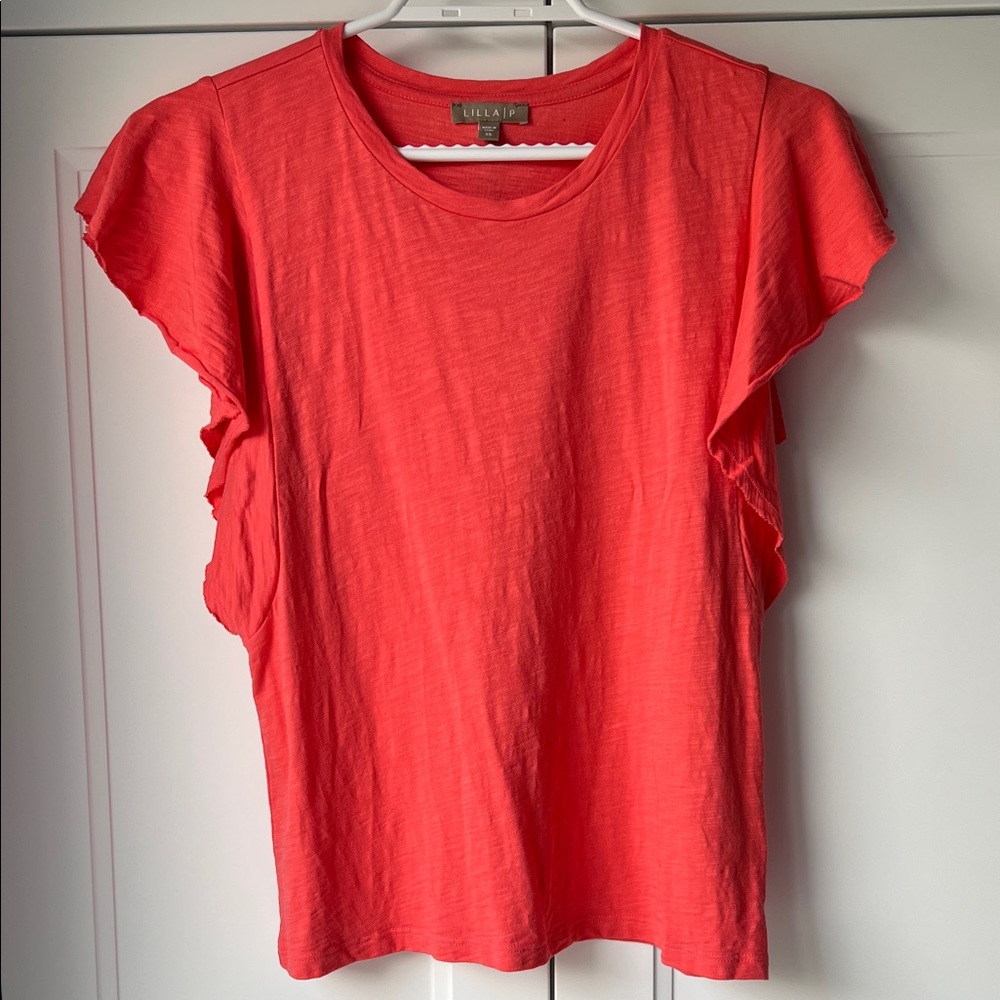 Lilla P Ruffled coral Short Sleeve Top
